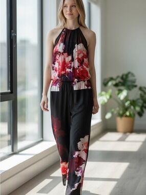 Marciano Black Pink Floral Halter Jumpsuit Size 4